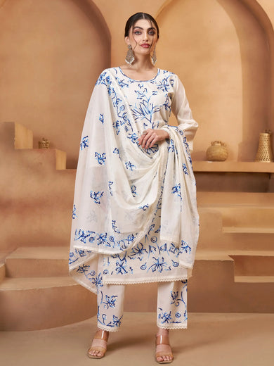 Mesmerizing Off White Cotton Embroidered Festival Wear Pant Suit